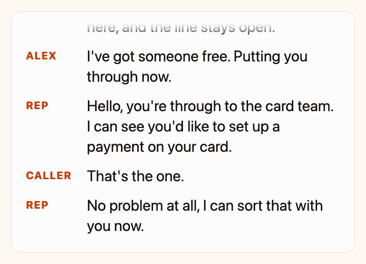An example customer service call, line by line. Alex answers and says the call is recorded. The caller asks about her card. Alex runs an identity check first; the questions are not shown. Alex reads her balance, three hundred and thirty-two dollars and eighty-three cents, and the minimum on her latest statement, twenty-eight dollars and thirty-one cents. She asks to set up a payment. Alex says it will bring in a teammate, keeps the line open and puts her through. A customer representative joins the same call and already knows what she asked for.