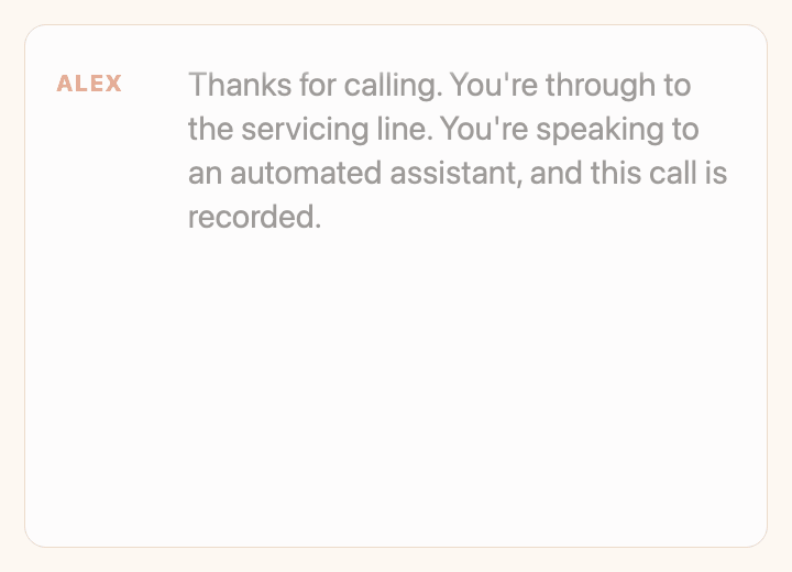 An example customer service call, line by line. Alex answers and says the call is recorded. The caller asks about her card. Alex runs an identity check first; the questions are not shown. Alex reads her balance, three hundred and thirty-two dollars and eighty-three cents, and the minimum on her latest statement, twenty-eight dollars and thirty-one cents. She asks to set up a payment. Alex says it will bring in a teammate, keeps the line open and puts her through. A customer representative joins the same call and already knows what she asked for.